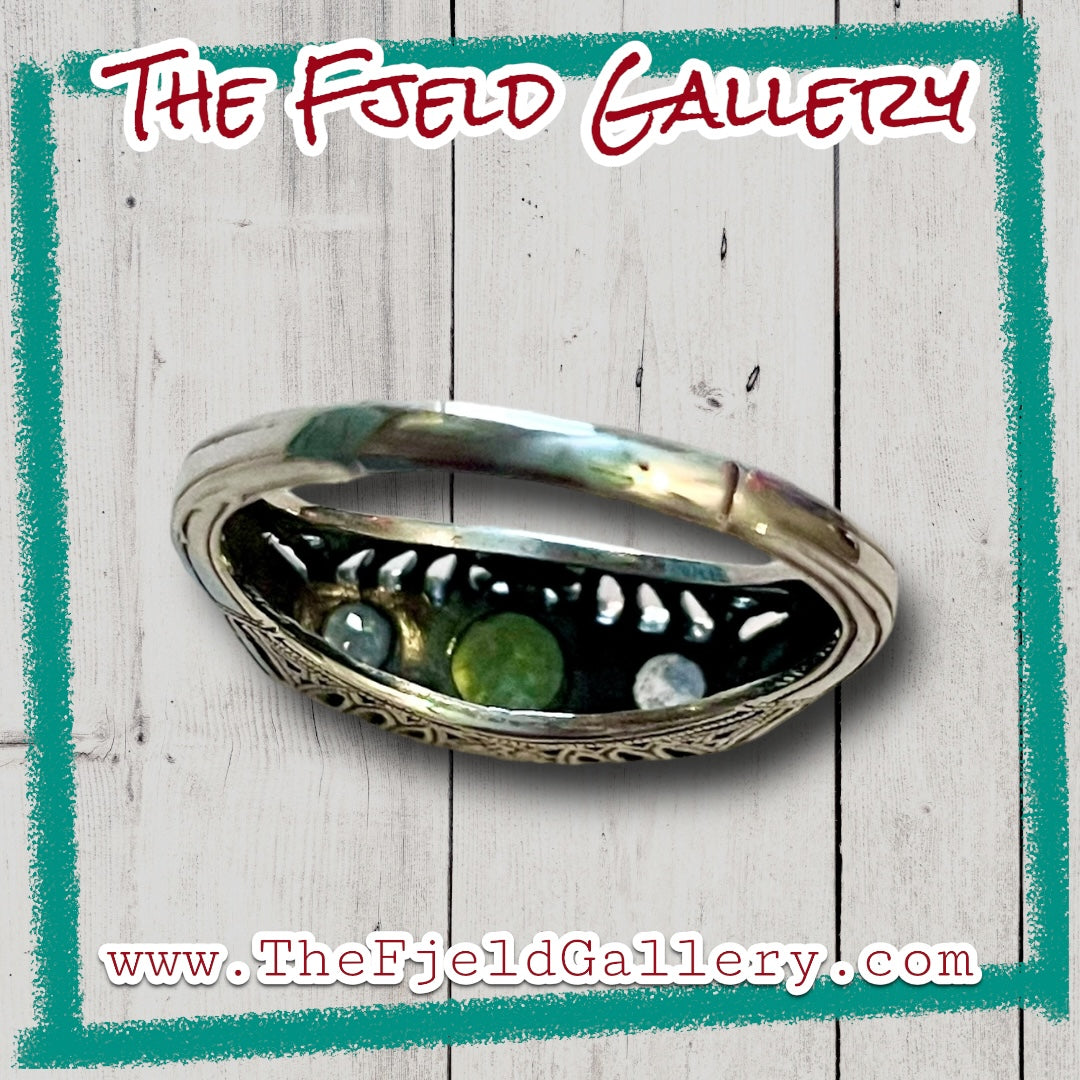 Aquamarine & Peridot Victorian Sterling Silver Filigree Ring
