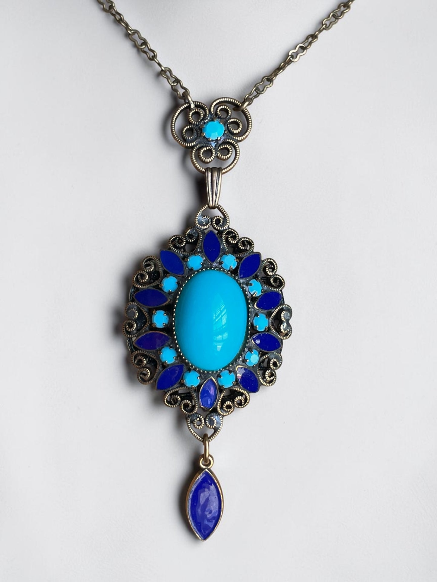 Art Nouveau Brass Filigree Turquoise Art Glass & Royal Blue Enamel Pendant Necklace