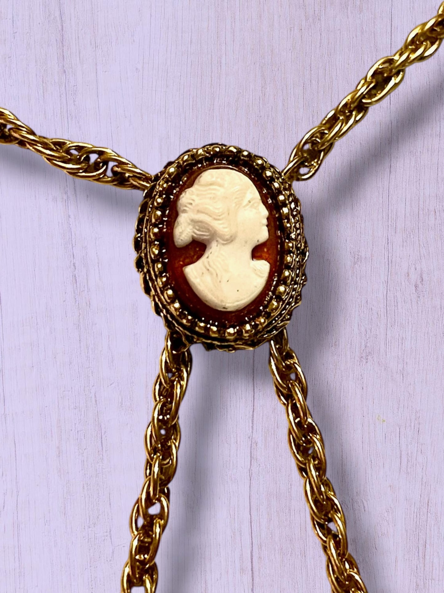 Ornate Victorian Rococo Revival Double Cameo Drop Pearl Necklace