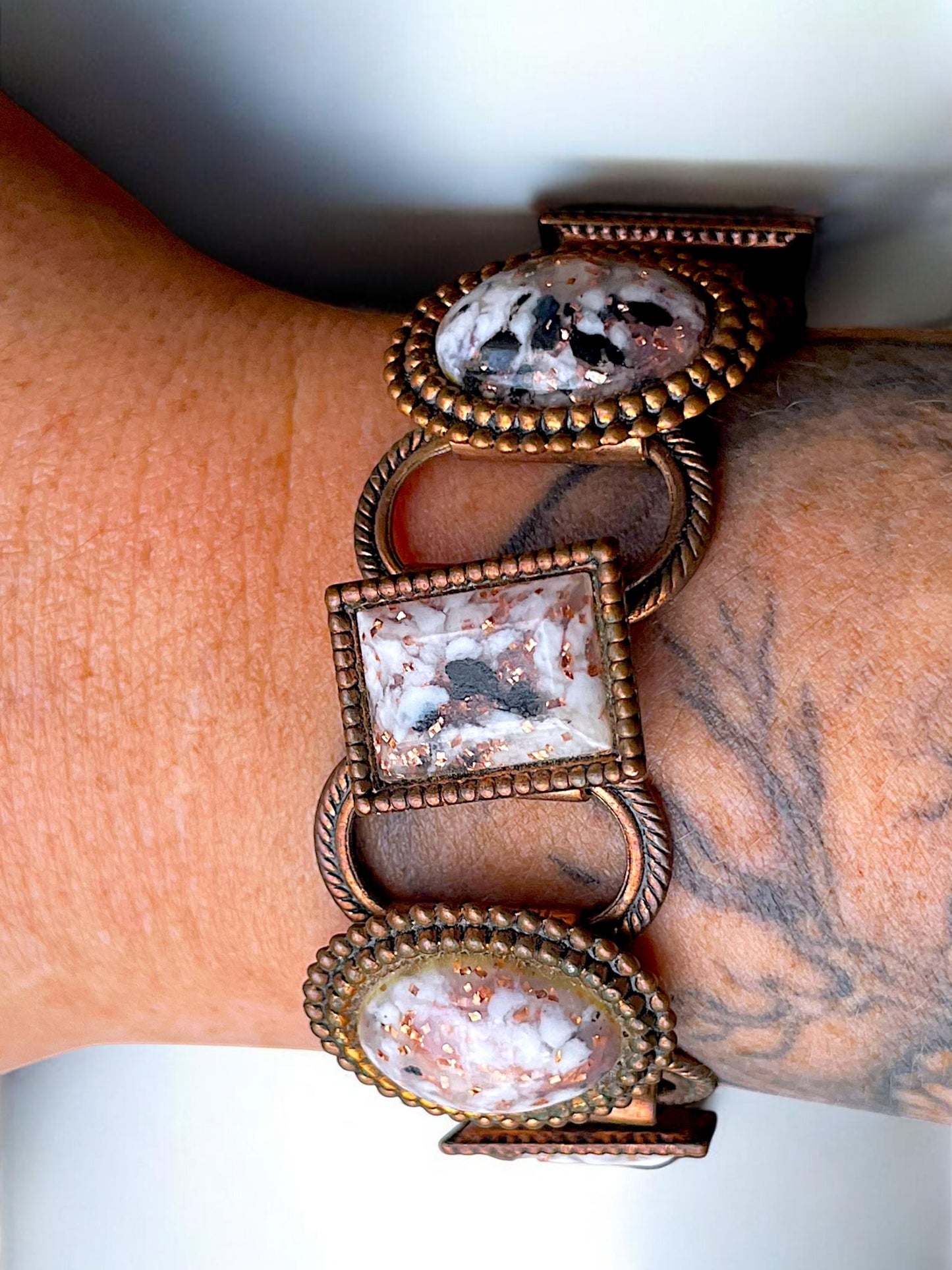 1960’s Copper Link Marble Confetti Foil Art Glass Chunky Bracelet