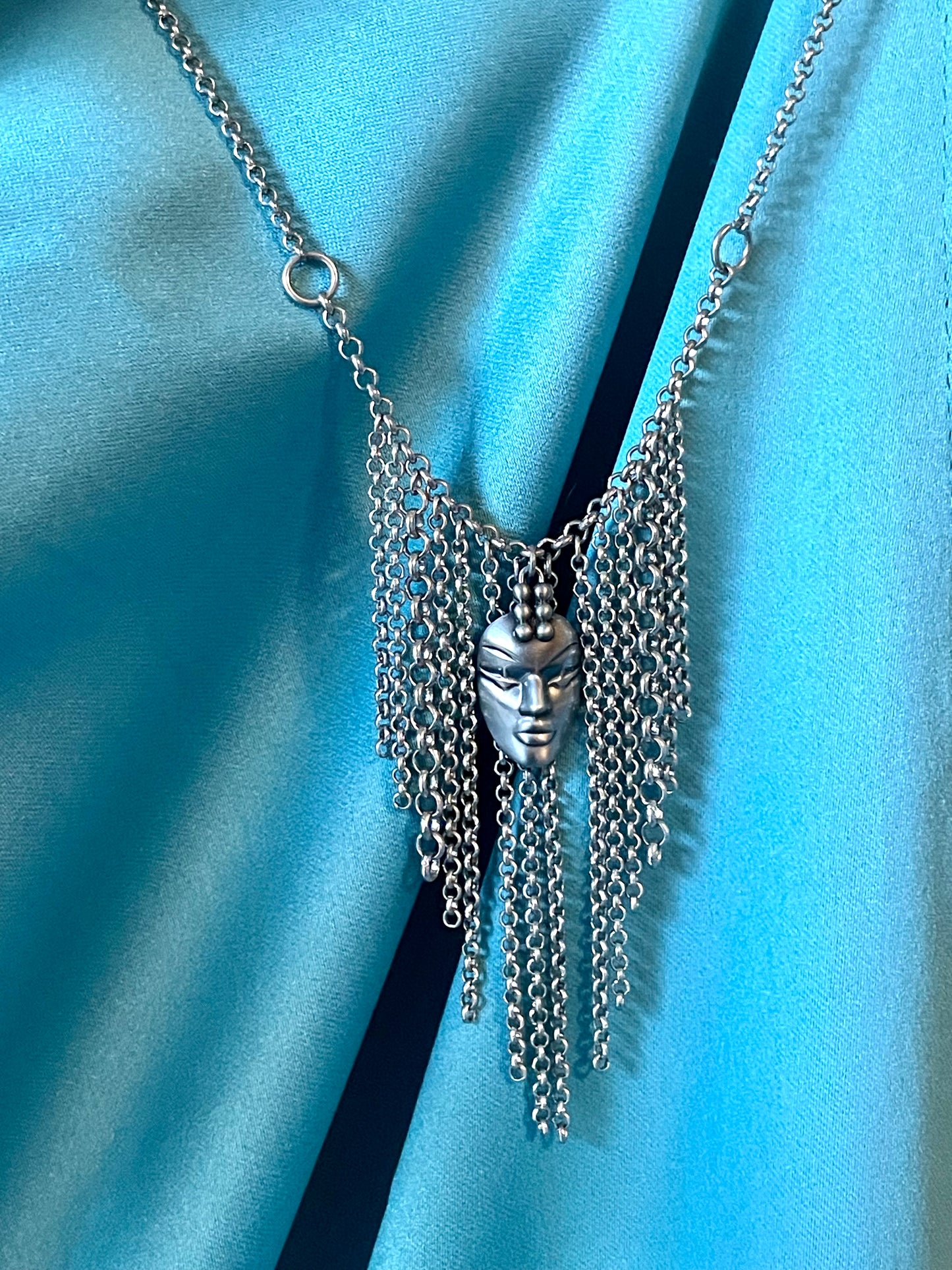 Designer Thierry Mugler Silver Face Fringe Necklace