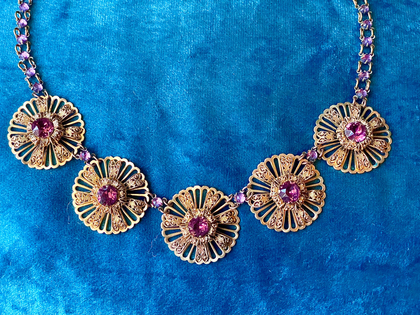 Victorian Book Link Purple Crystal Brass Filigree Choker Necklace