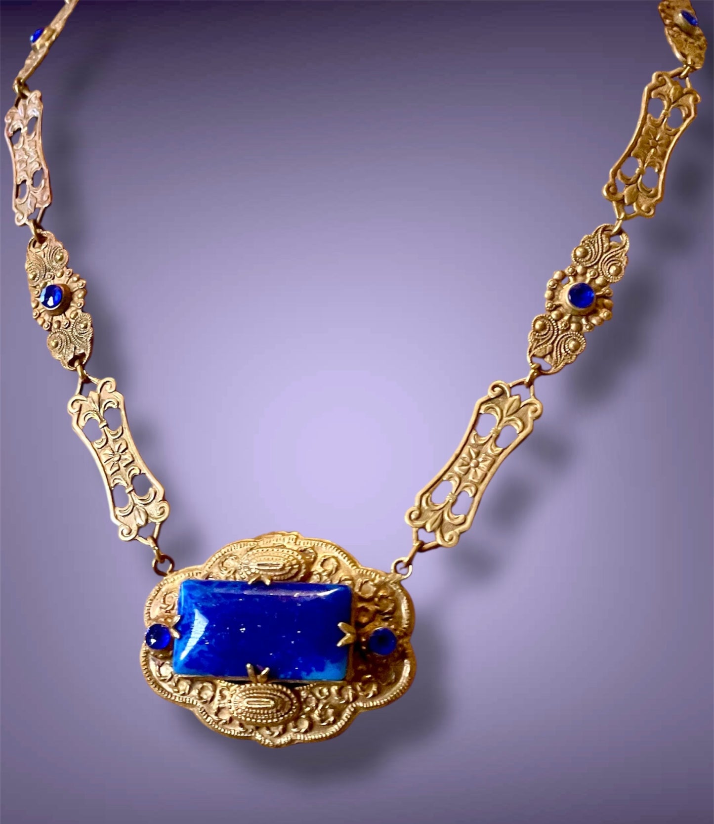 Czechoslovakian Brass Art Nouveau Floral & Flourish Lapis Blue Art Glass & Sapphire Crystal Necklace