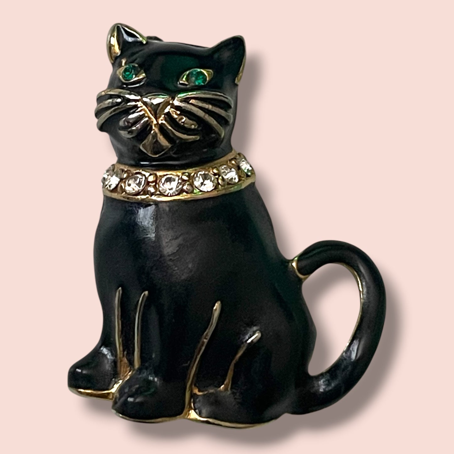 Adorable Vintage Black Cat Brooch with Green Crystal Eyes & Collar