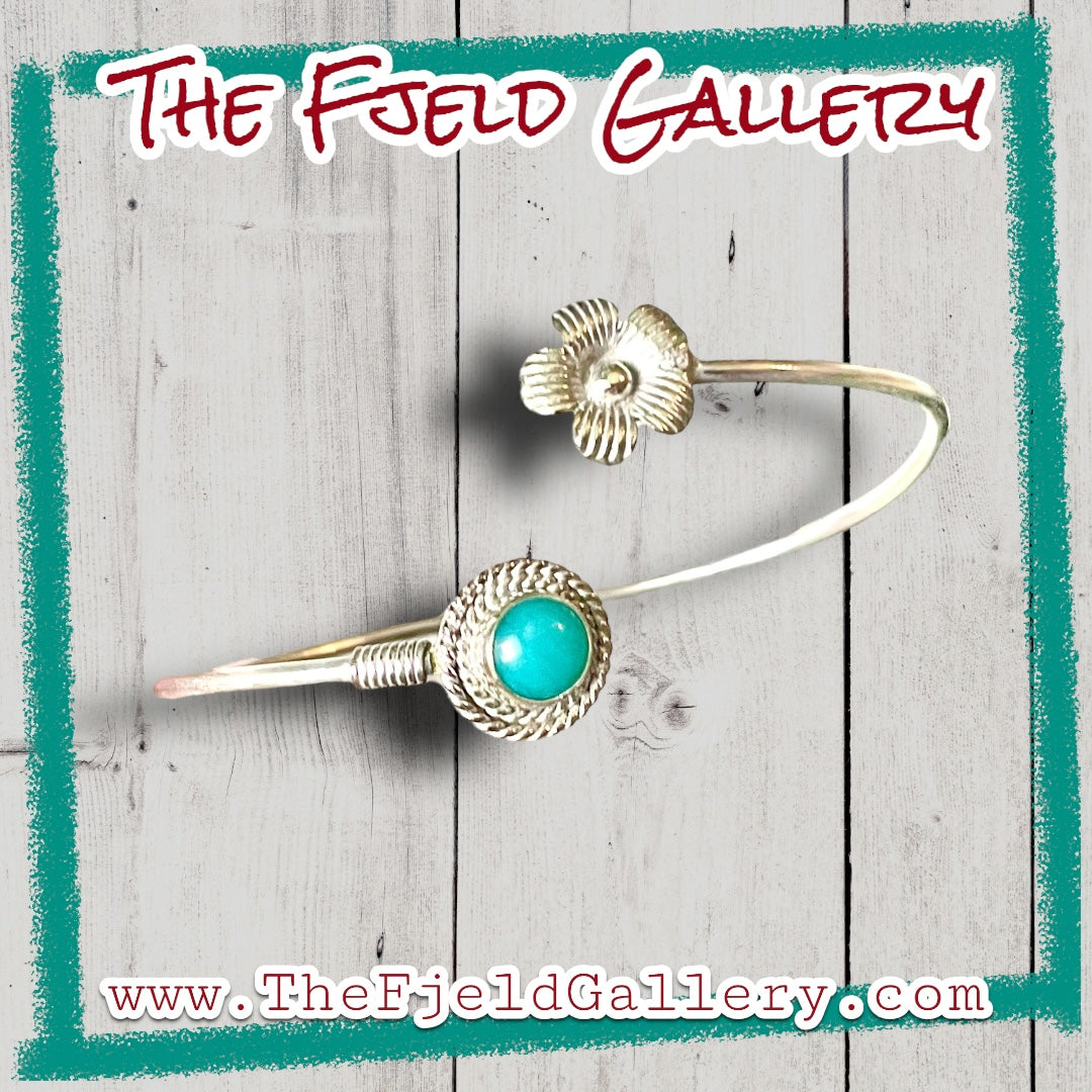 Vintage Sterling Silver & Turquoise Flower Bypass Bracelet