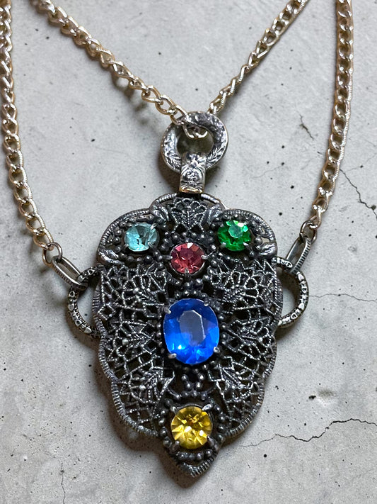 Czech Silver Filigree Fruit Salad Multi-color Leaded Past Stone Crystal Saphire, Emerald, Aquamarine, Ruby & Citrine Festoon Necklace