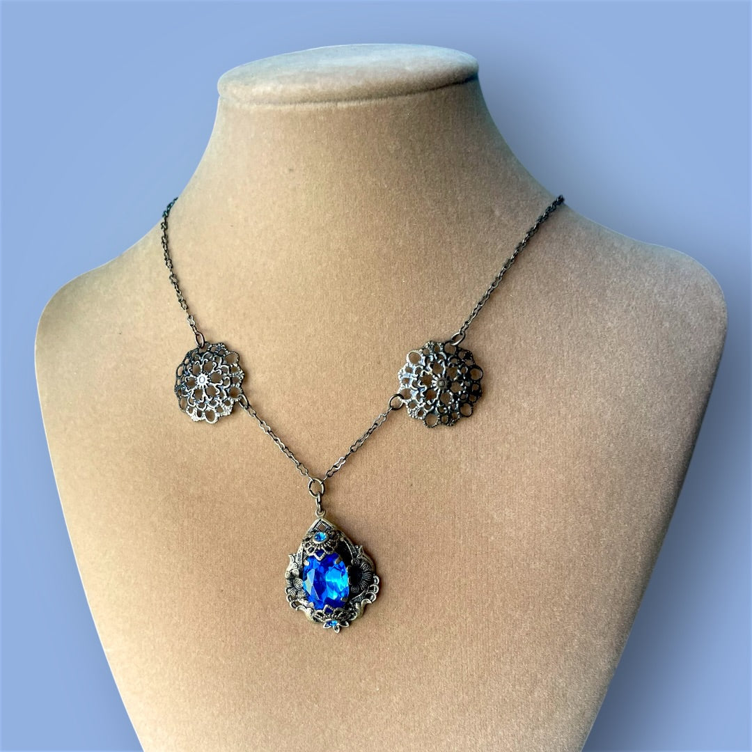 Art Nouveau Czechoslovakian Brass Filigree Royal Blue Crystal Necklace