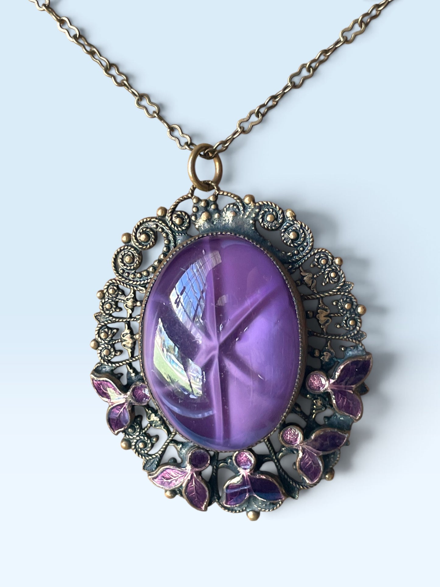 Art Nouveau Nieger Brothers Purple Cat Eye Star Art Glass Enamel Flower Brass Filigree Necklace