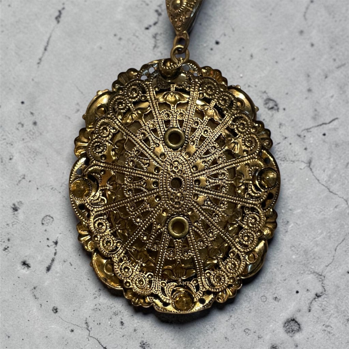 West German Brass Filigree Amber Cameo Crystal & Pearl Necklace