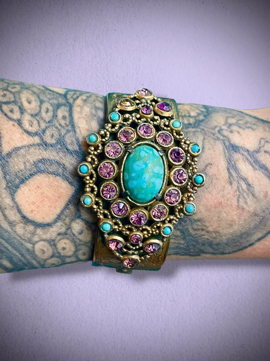 Czech Turquoise Hubble Art Glass & Purple Lilac Crystal Engraved Lilly Flower Brass Hinged Bangle Bracelet