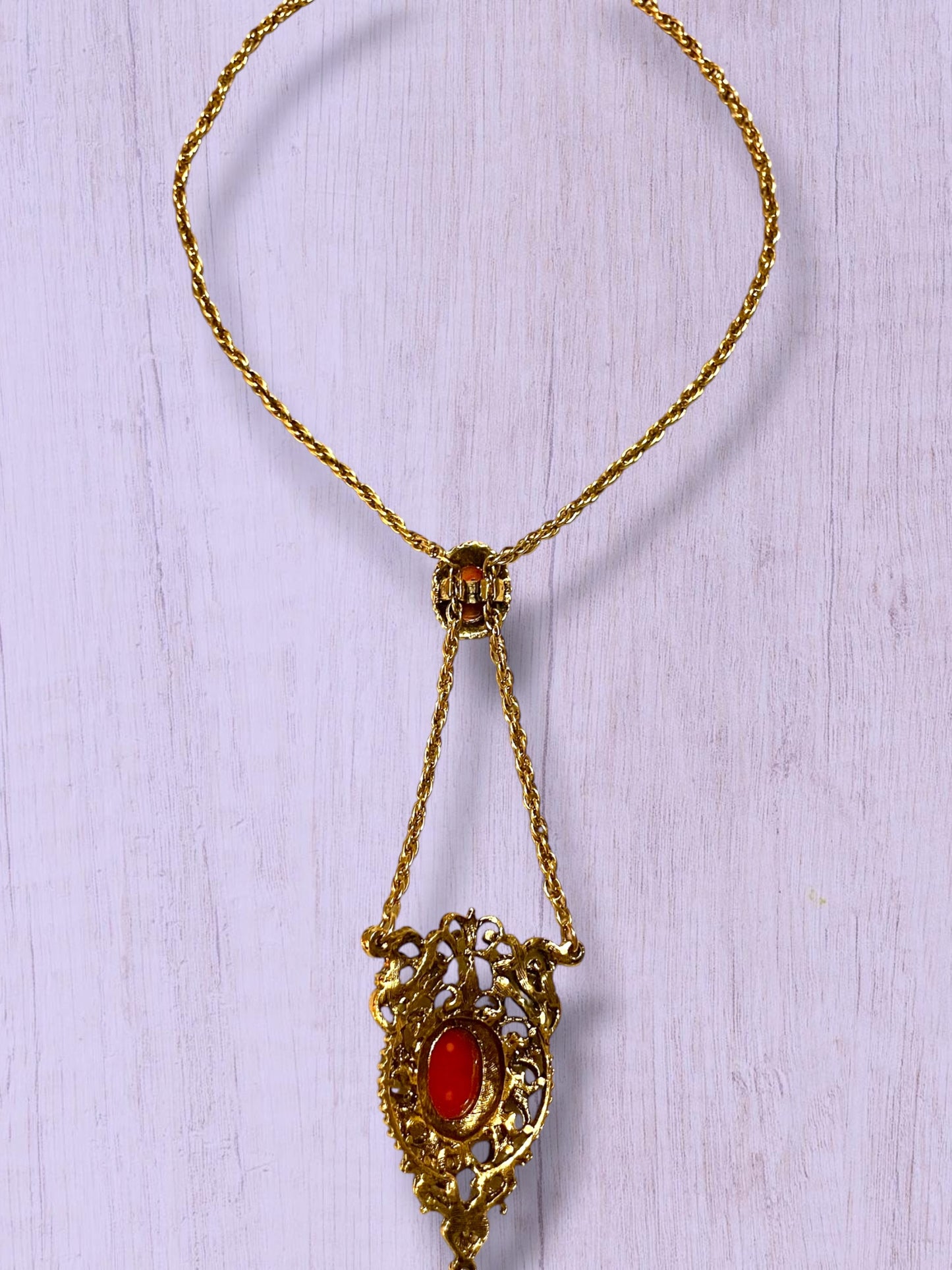 Ornate Victorian Rococo Revival Double Cameo Drop Pearl Necklace