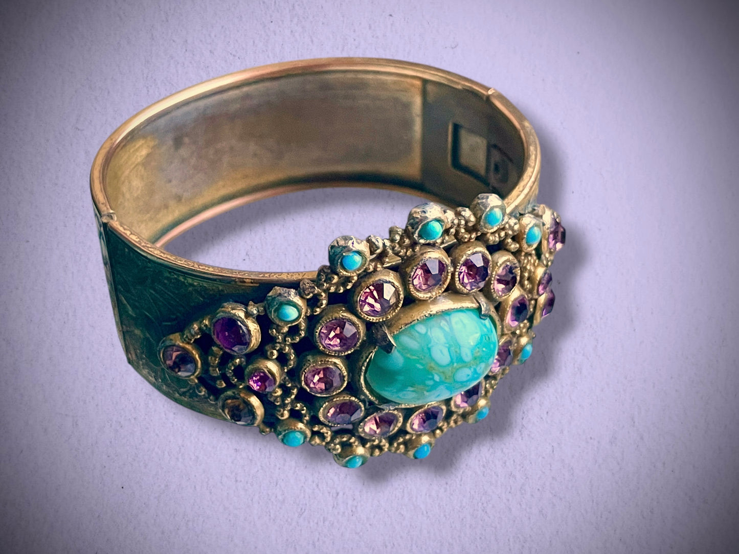 Czech Turquoise Hubble Art Glass & Purple Lilac Crystal Engraved Lilly Flower Brass Hinged Bangle Bracelet