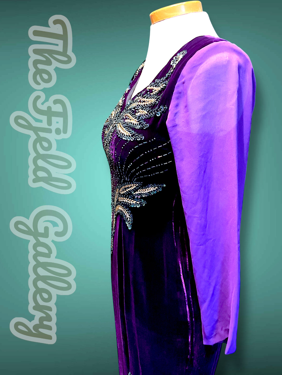Deep Purple Velvet & Sheer Aurora Borealis Sequin Maxi Gown Dress