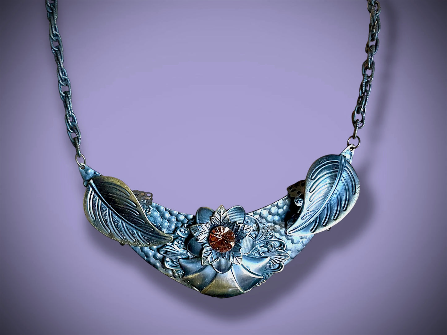 Art Nouveau Hand Hammered Brass & Citrine Crystal Chevron Choker Necklace