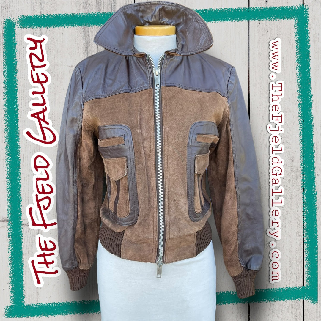 Vintage Brown Leather, Suede & Knit Bomber Jacket with Double Zipper