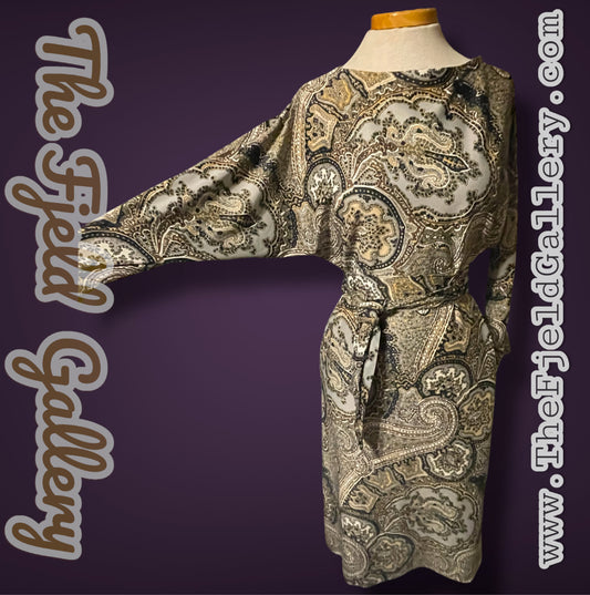 1970’s Brown, Gray, Black & White Paisley Pattern Bat Wing Belted Sheath Dress
