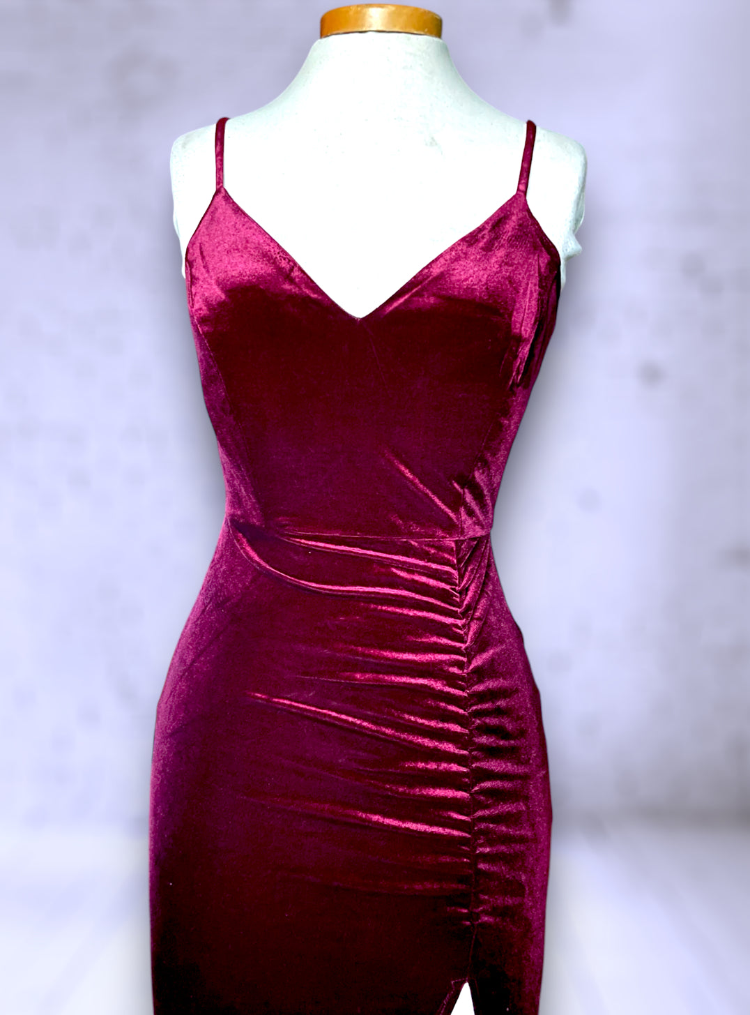 Vintage 1990’s Maroon Red Stretch Velvet Ruched Long Dress