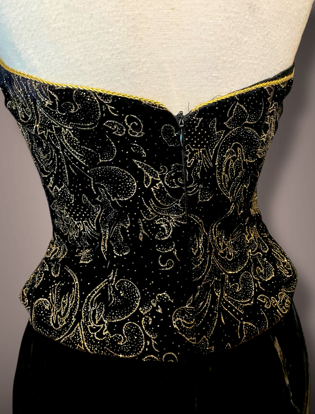 Vintage 1990’s Scott McLintock Black Velvet Maxi Pencil Halter Dress with Gold Glitter Damask Pattern