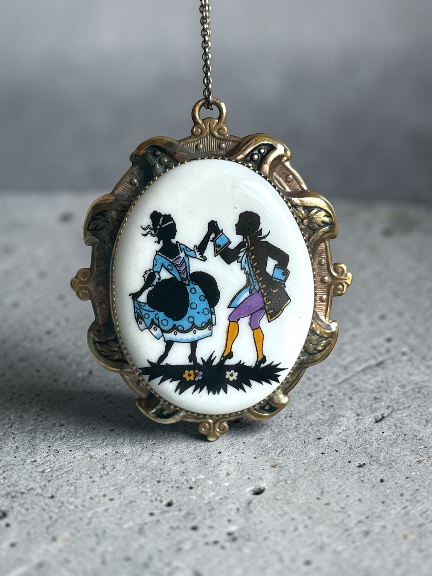 Edwardian Porcelain Silhouette  Courting Couple Colorful Limogé Cameo Gilded Brass Locket Sterling Necklace