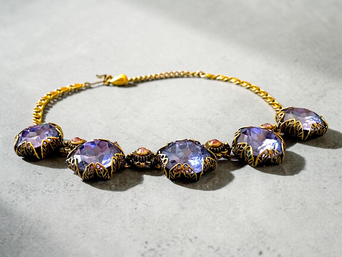 Art Nouveau Austrian Lilac Purple & Pink Crystal Gold Filled Brass Filigree Schiaparelli Necklace