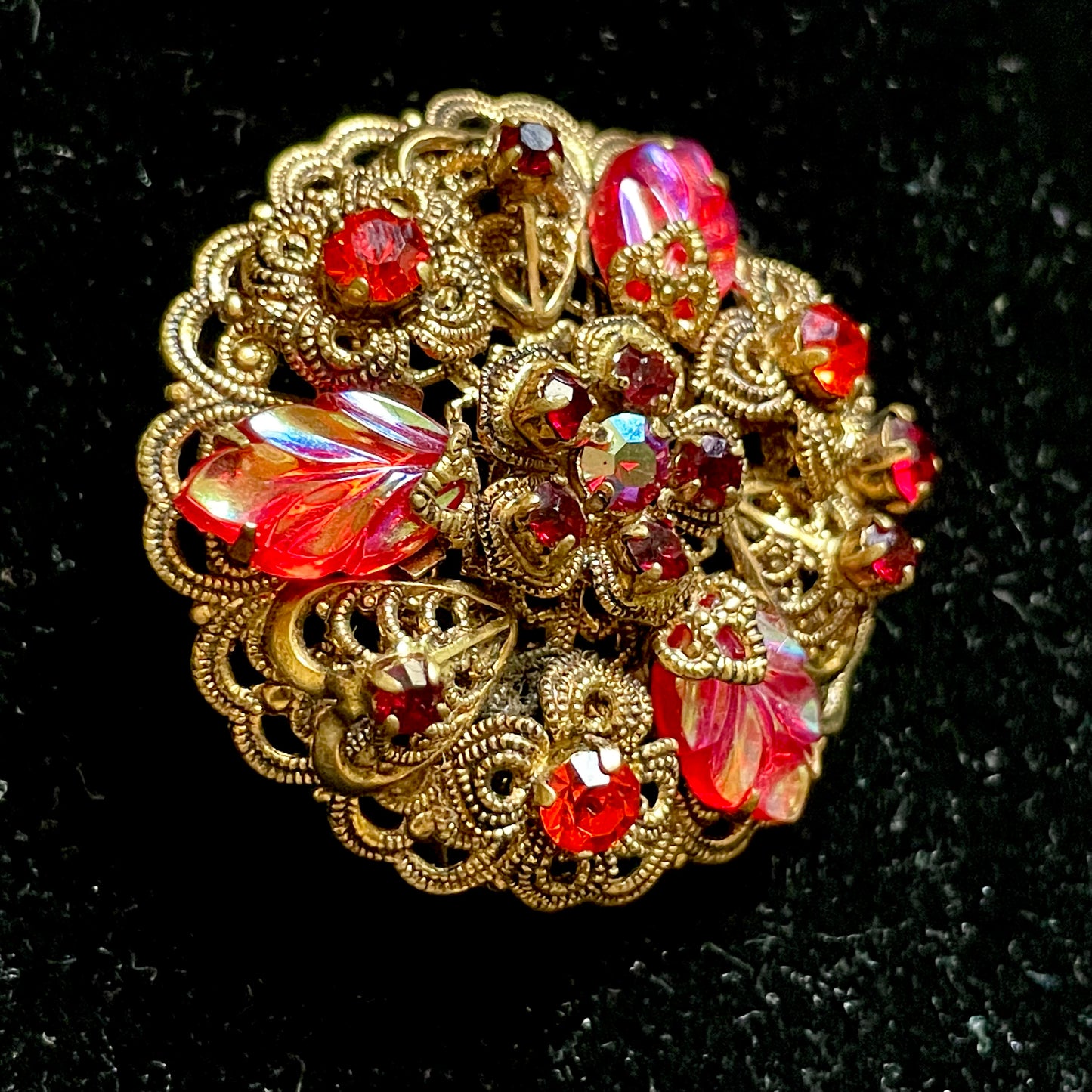 Red Carnival Art Glass Leaf & AB Crystal West German Brass Filigree Brooch