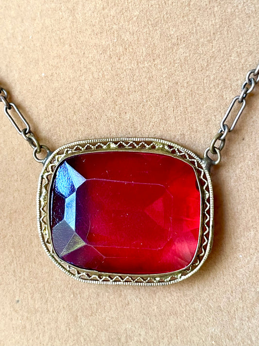 Art Deco Czech Brass Filigree Ruby Red Crystal Choker Necklace