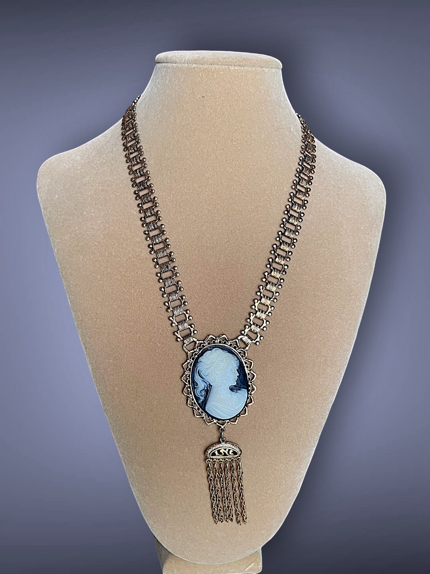 Victorian Gold Book Link Chain Black & Cream Mourning Cameo Designer Signed Necklace