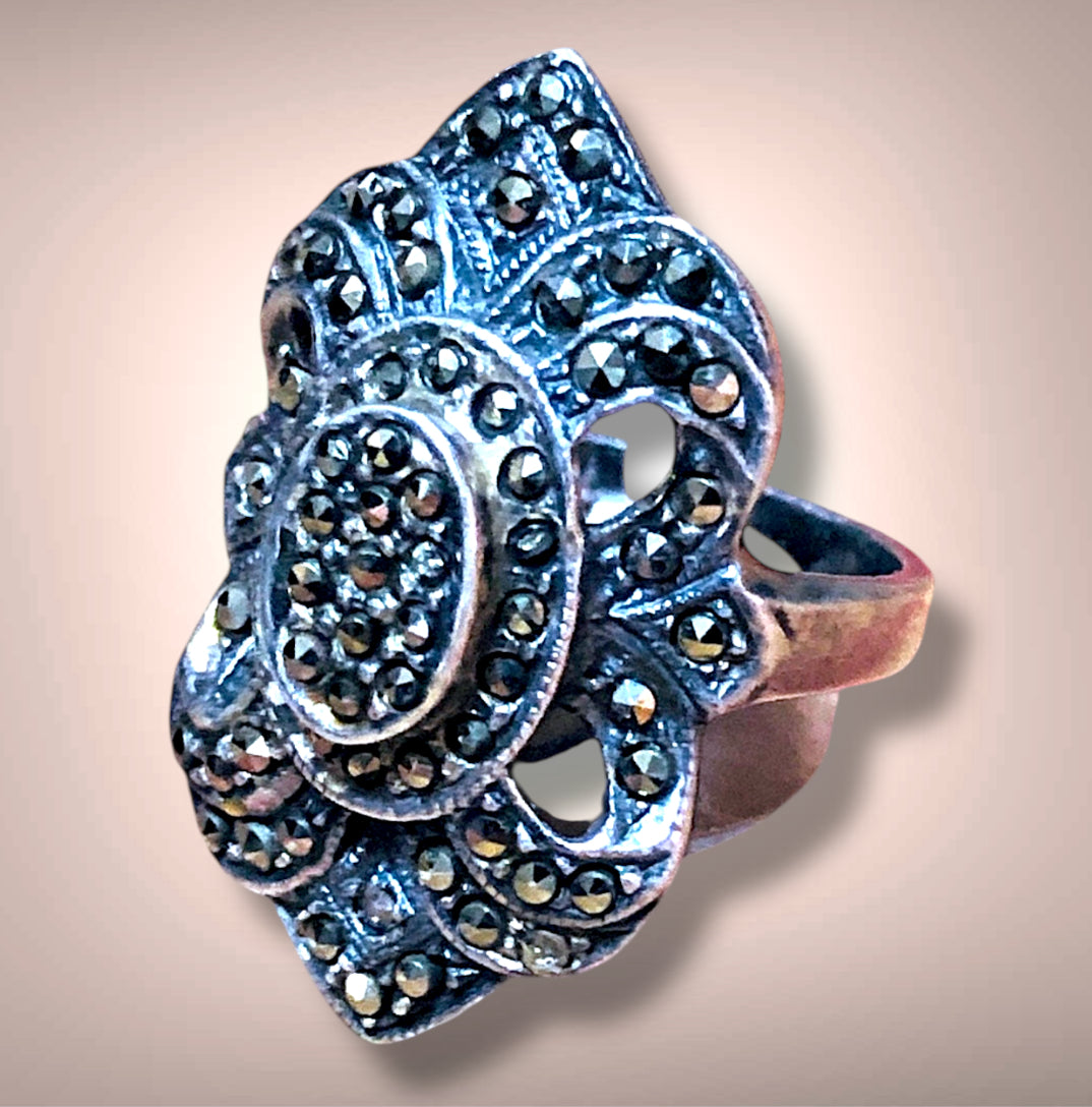 Art Deco Sterling Silver & Marcasite Opulent Flourish Ring
