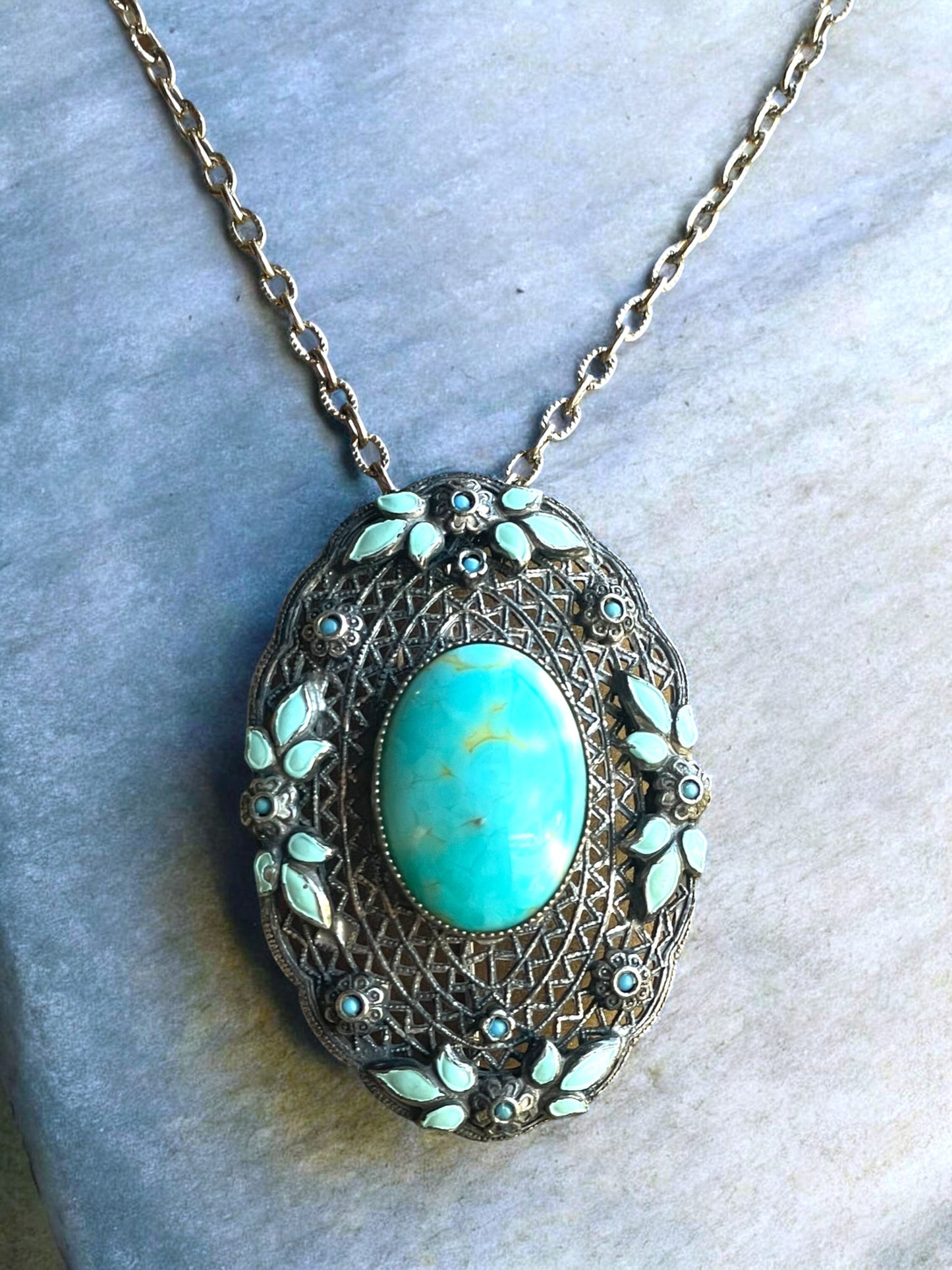 Edwardian Silver Filigree Czechoslovakian Hubble Turquoise Art Glass & Enamel Brooch Pendant Necklace