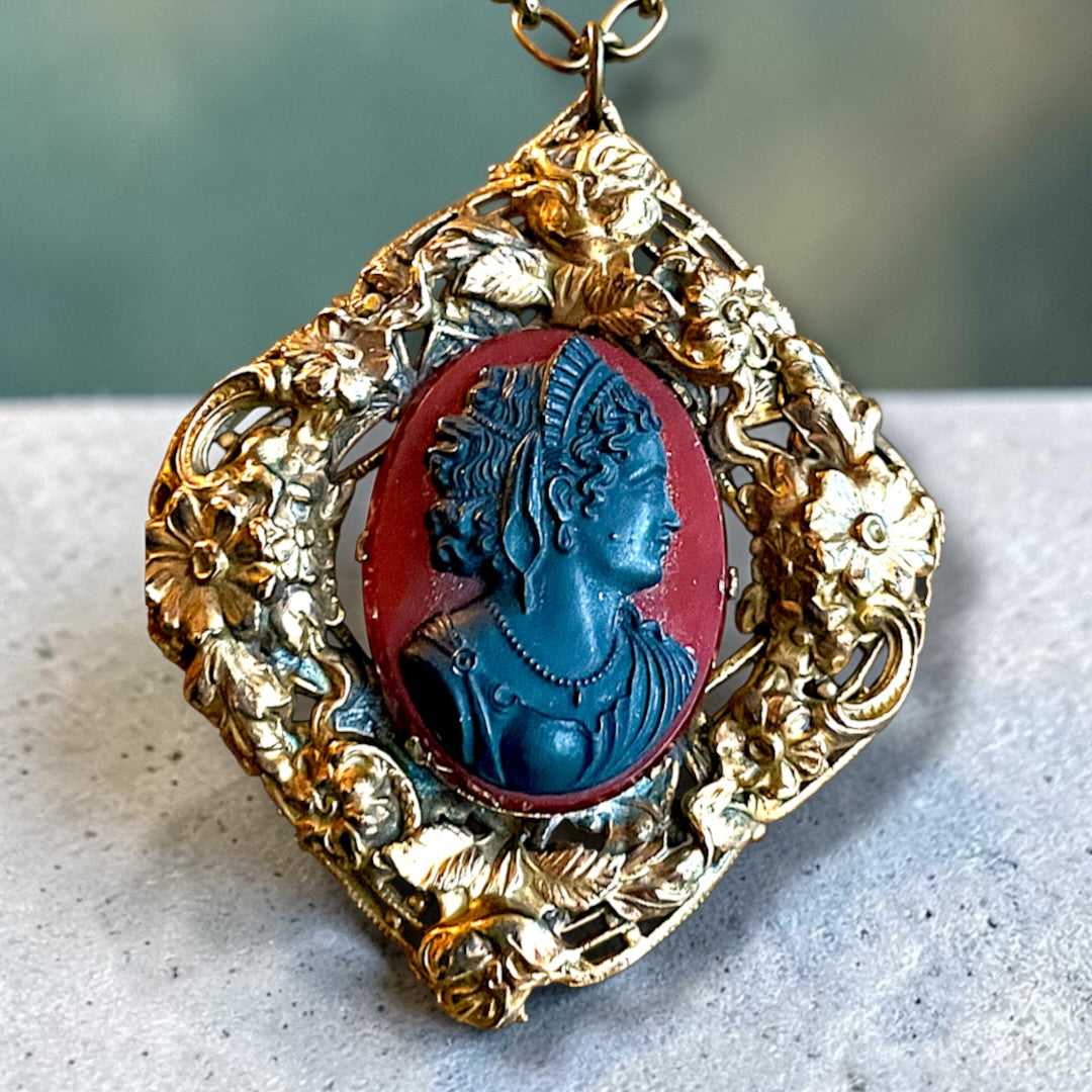 Huge Red & Black Art Glass Cameo Gilded Brass Repoussé Art Nouveau Floral Frame Pendant Necklace