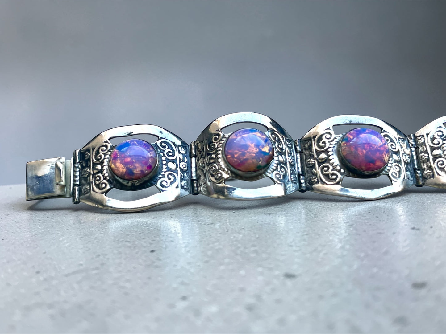 Sterling Pink Dragons Breath Fire Opal Foil Art Glass Taxco Mexico Bracelet