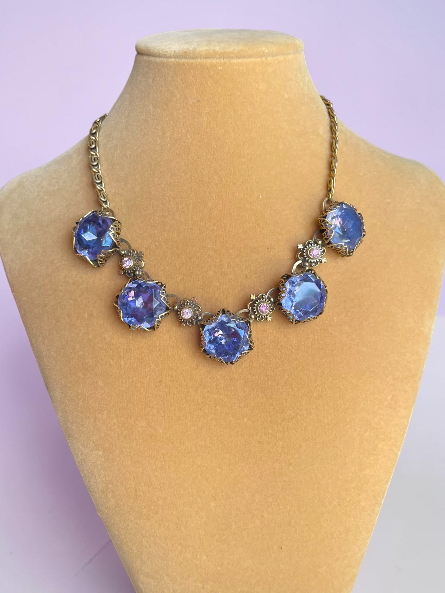 Art Nouveau Austrian Lilac Purple & Pink Crystal Gold Filled Brass Filigree Schiaparelli Necklace