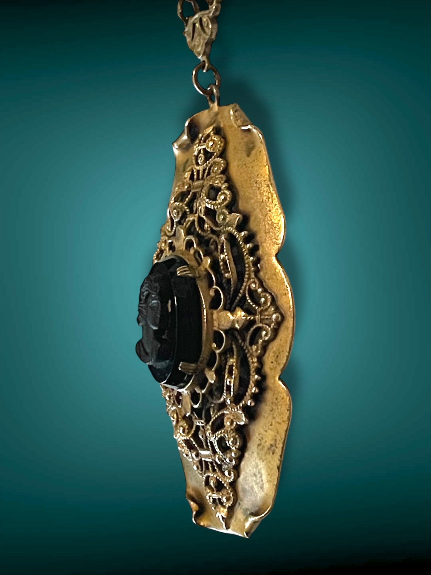 Victorian Black Mourning Cameo Brass Filigree Openwork Stamped Pendant Necklace