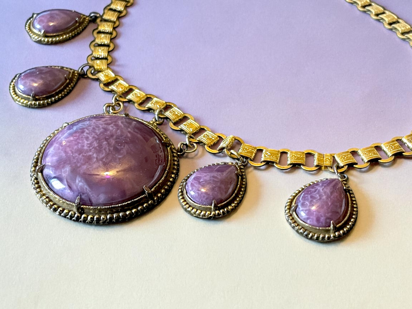 Incredible Victorian Booklink Chain Purple Marble Art Glass Festoon Necklace