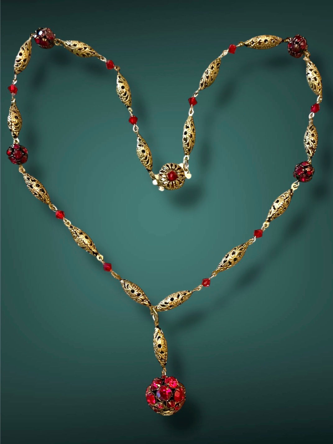 Vintage Art Nouveau Czech Ruby Red Crystal Brass Filigree Y Lavaliere Necklace