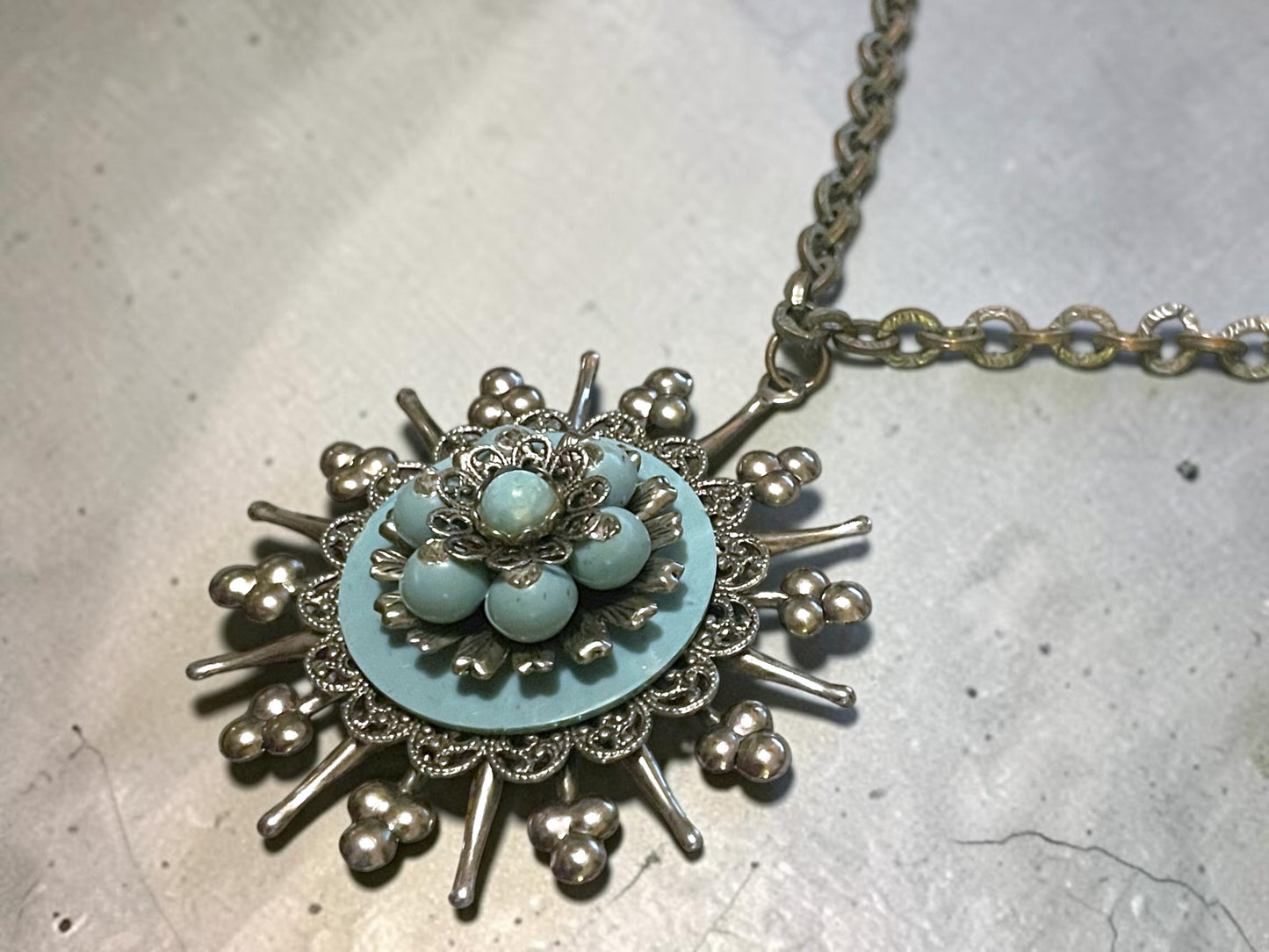 Vintage 1960’s Silver Starburst Turquoise Pendant Runway Necklace