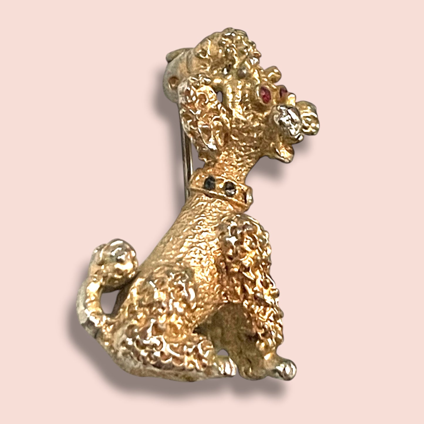 Adorable Designer Gold Poodle with Red Crystal Eyes & Crystal Collar Brooch