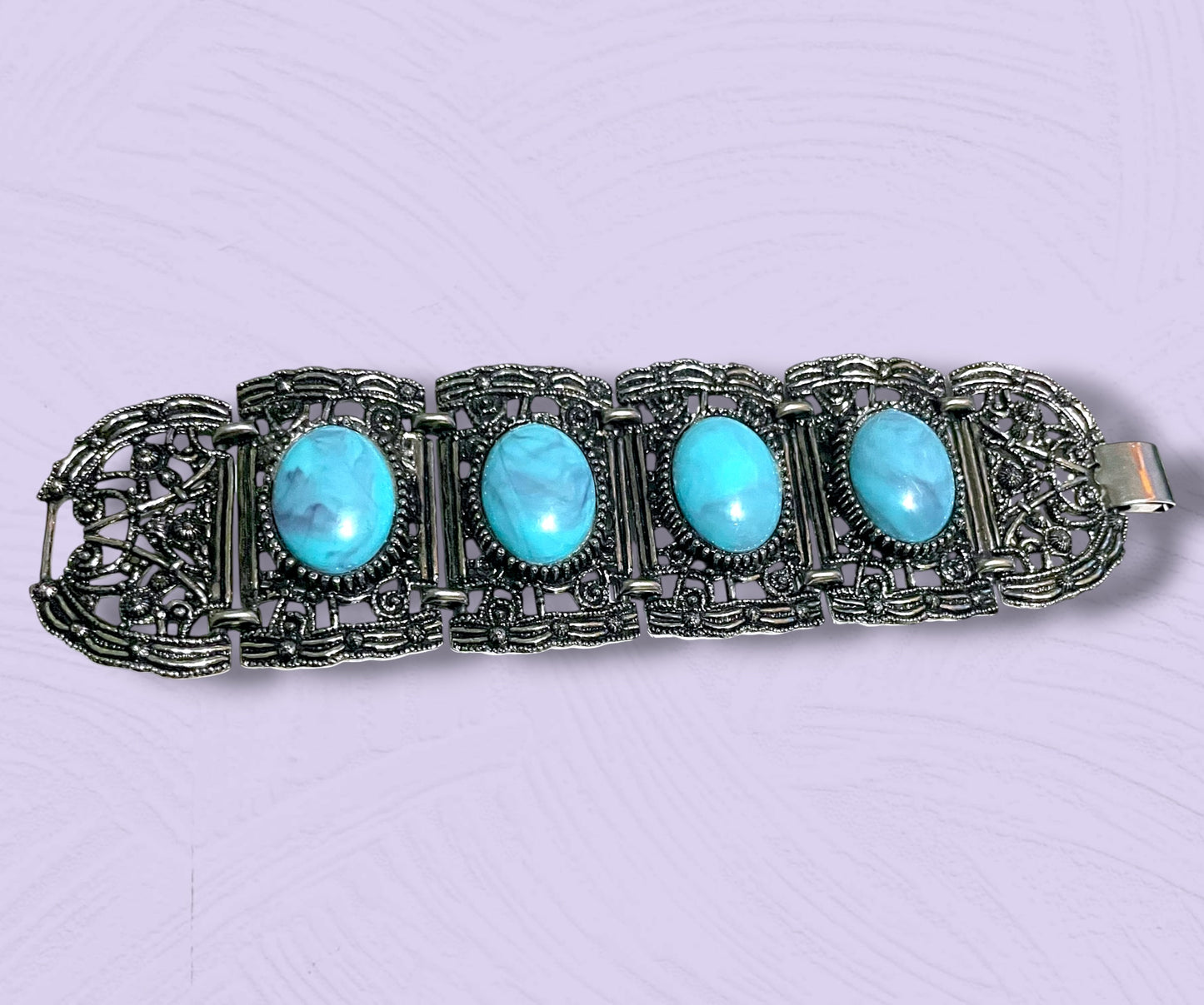 Vintage Chunky Silver Filigree Thermoset Faux Turquoise Panel Bracelet