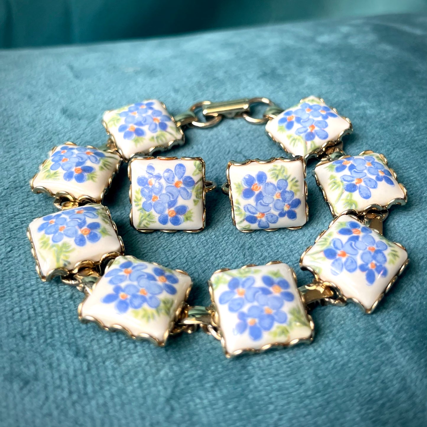 Vintage Blue Forget Me Not Flower Hand Painted Porcelain Limoge Panel Link Bracelet & Earring Demi Parure