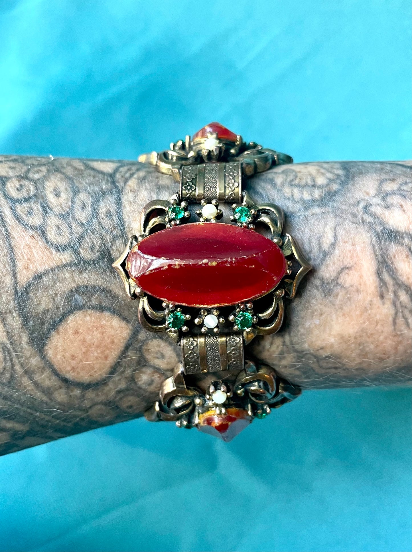 Heavy Brass Booklink Red-Orange Faux Amber Celluloid, Green Crystal & Pearl Panel Link Bracelet