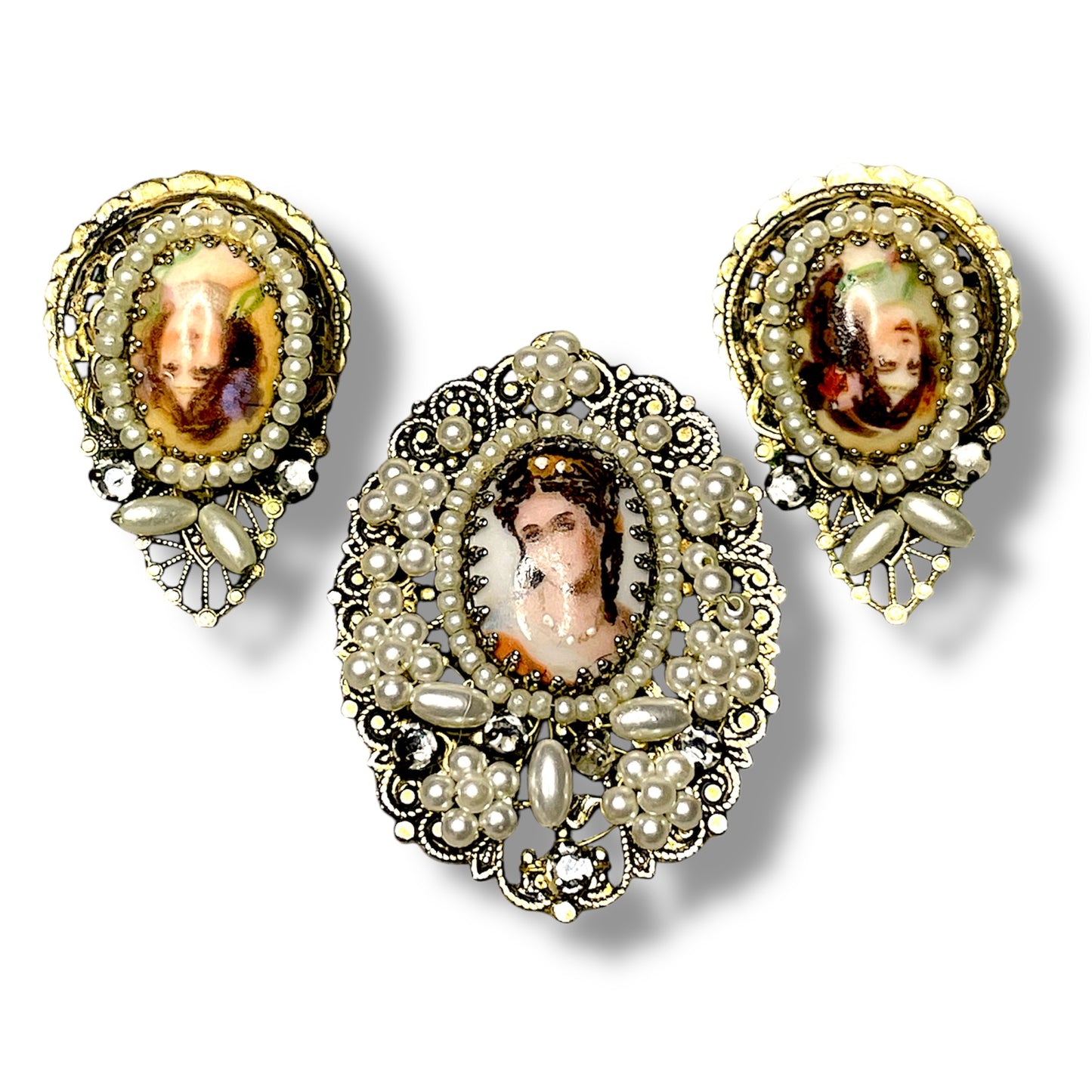 Antique Cameo & Pearl Gold Filigree Necklace, Brooch & Earring Demi Parure Set