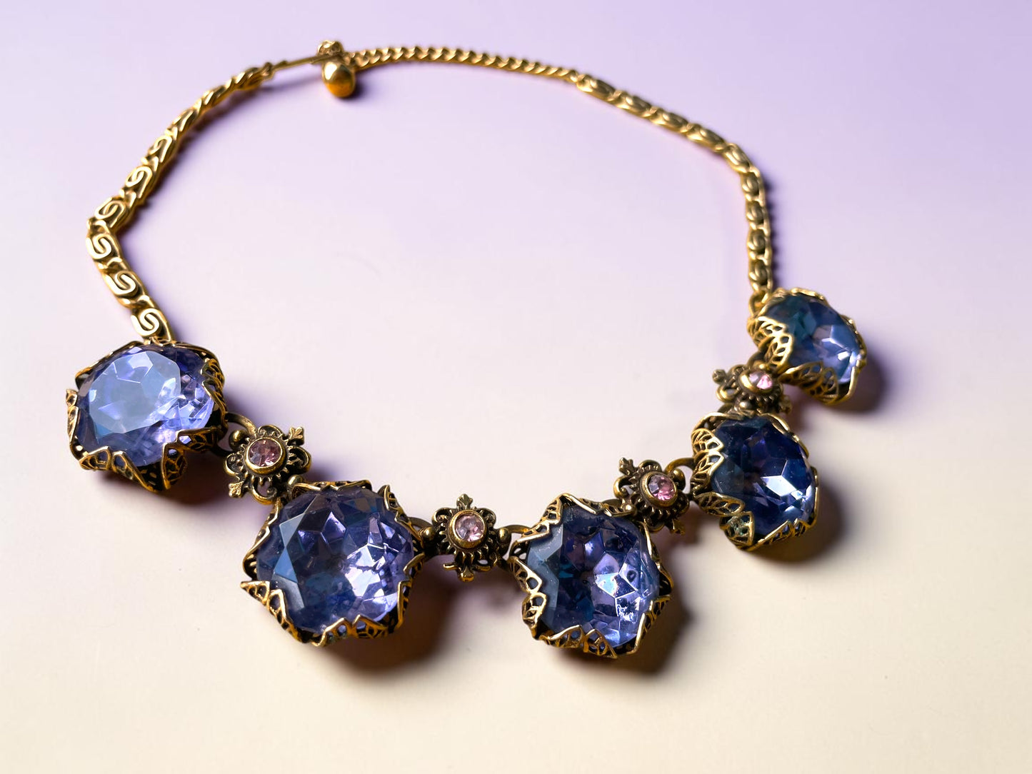 Art Nouveau Austrian Lilac Purple & Pink Crystal Gold Filled Brass Filigree Schiaparelli Necklace