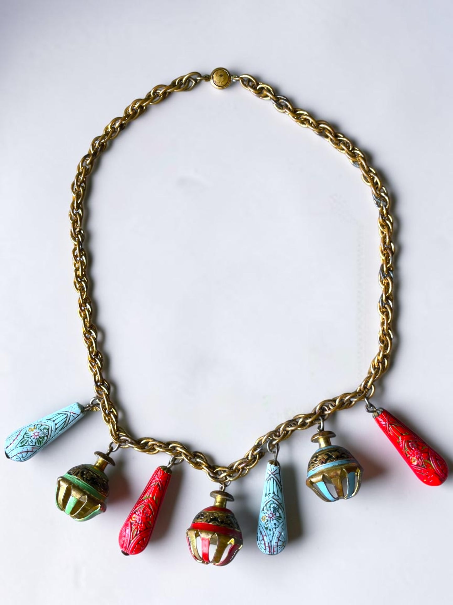 Art Nouveau Egyptian Painted Glyph Molded Art Glass & Bell Charm Necklace