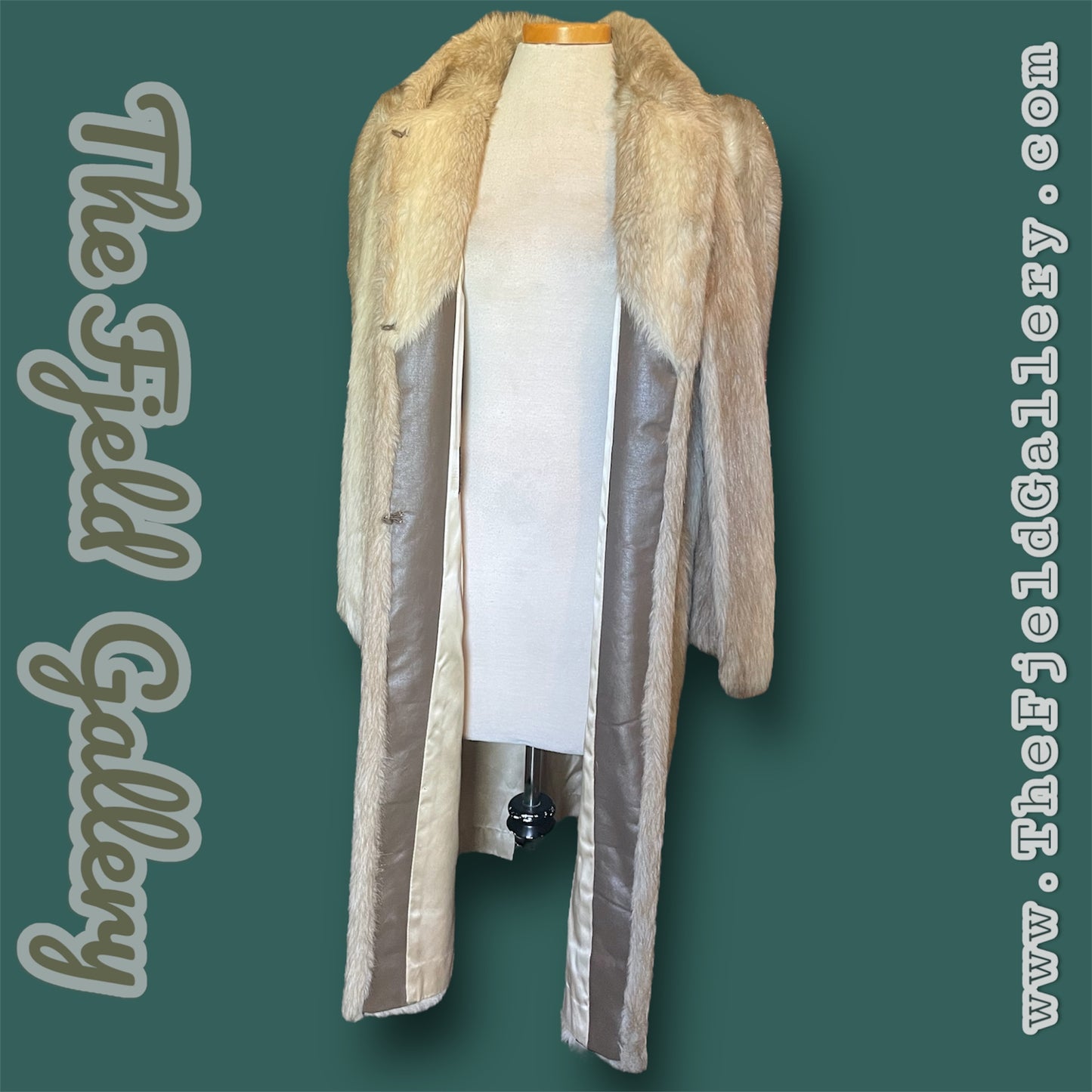 1960 Beige & Ivory Faux Fur Long Overcoat w/ Attached Fur Scarf