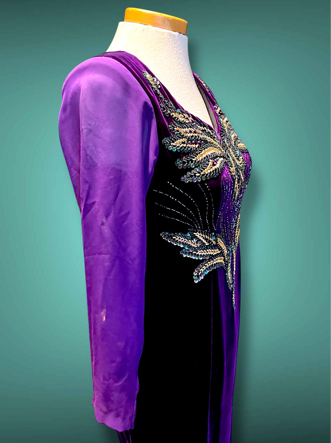 Deep Purple Velvet & Sheer Aurora Borealis Sequin Maxi Gown Dress