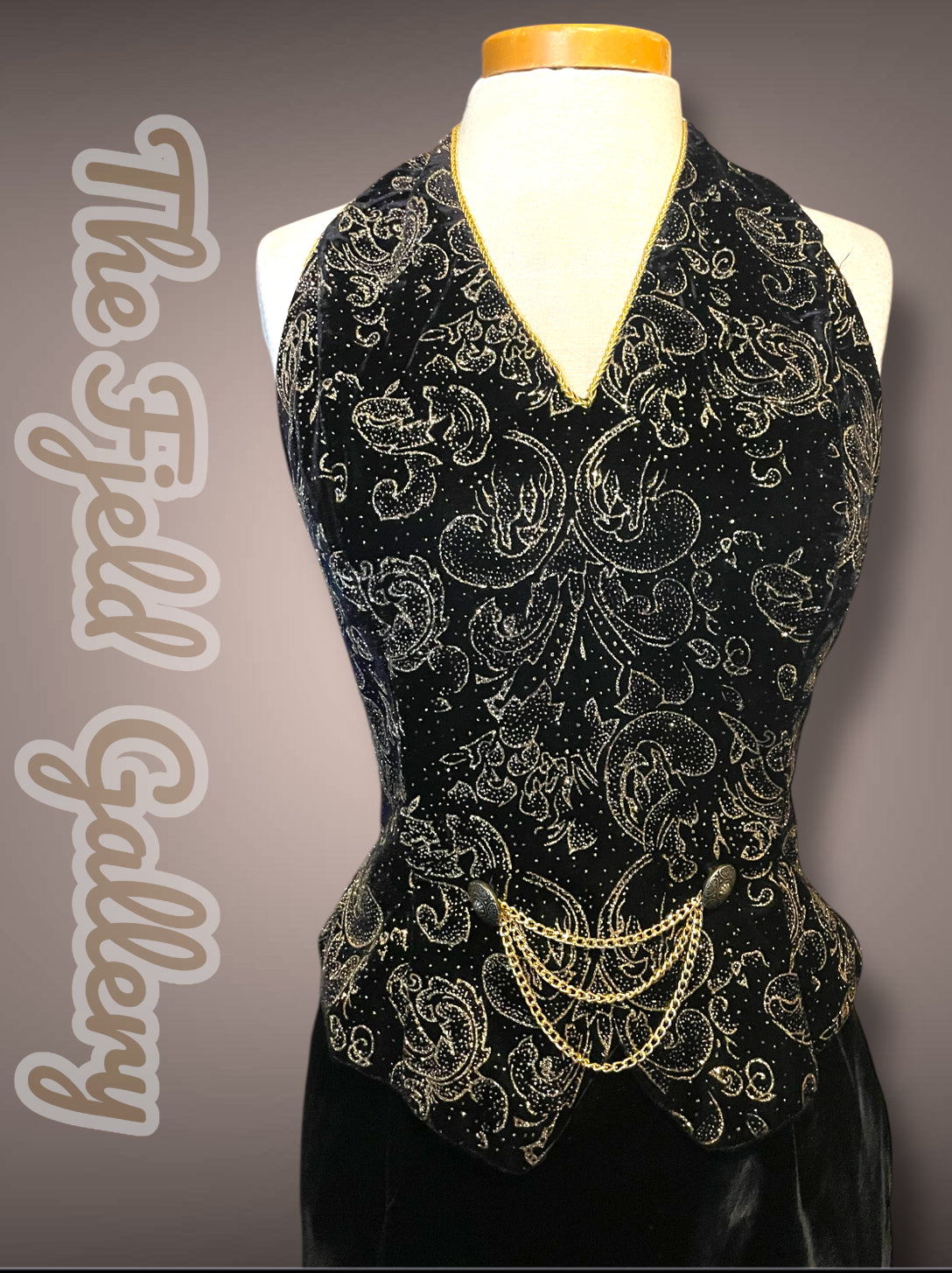 Vintage 1990’s Scott McLintock Black Velvet Maxi Pencil Halter Dress with Gold Glitter Damask Pattern