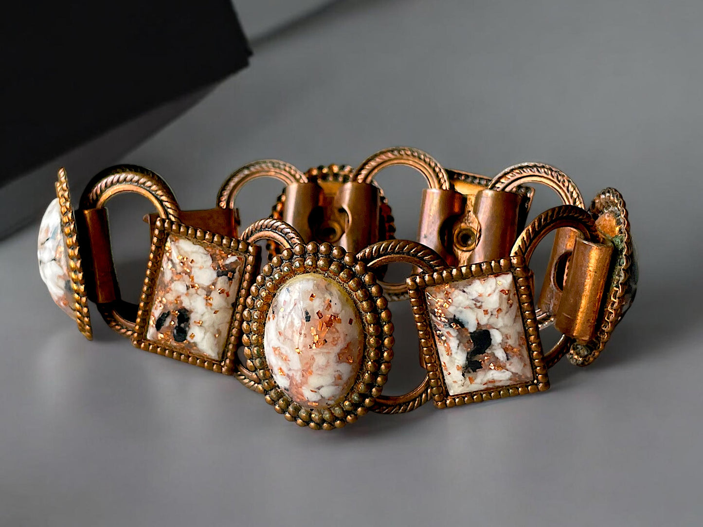 1960’s Copper Link Marble Confetti Foil Art Glass Chunky Bracelet