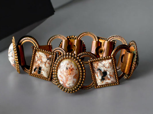 1960’s Copper Link Marble Confetti Foil Art Glass Chunky Bracelet