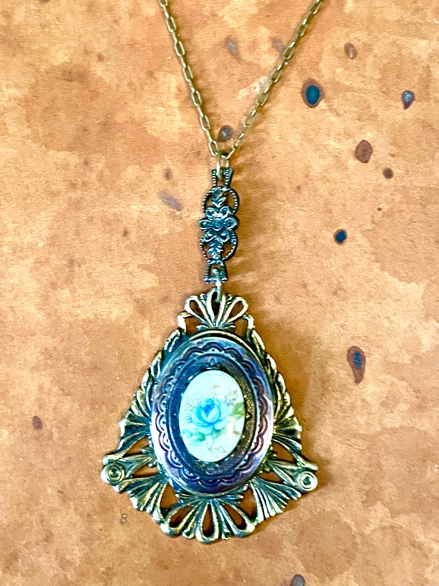 Art Nouveau Brass & Titanium Oxidized Rainbow Metal Porcelain Limogé Blue Rose Locket Necklace