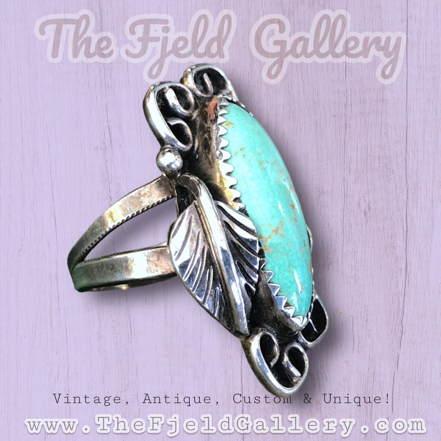 Vintage Sterling Silver & Turquoise Native American Long Leaf Detail Ring